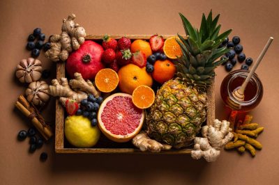 Healthy nutrition during flu and cold season. Selection of fresh